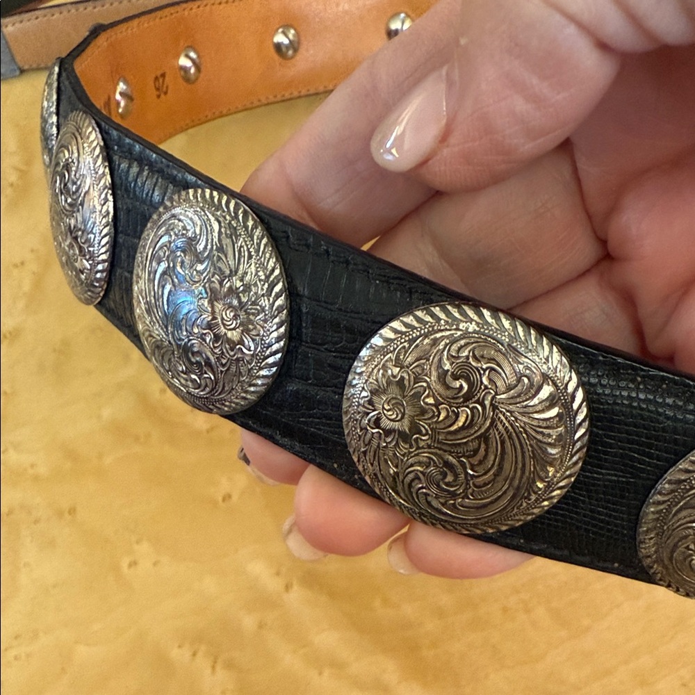 VTG. Al Berres Siver Embossed Elegant Black & Turquoise Embellished Belt Sz. 26 - Picture 4 of 9